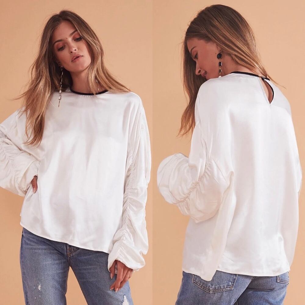 Tularosa Lexi Ivory Ruched Sleeve Satin Blouse
